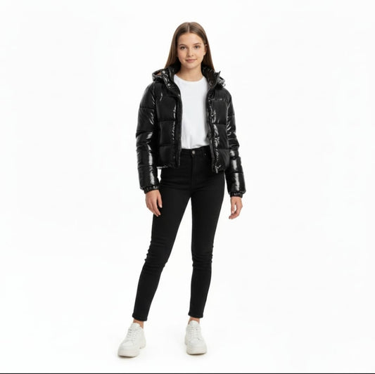 The Petite Hooded Crop High Shine Puffer Coat